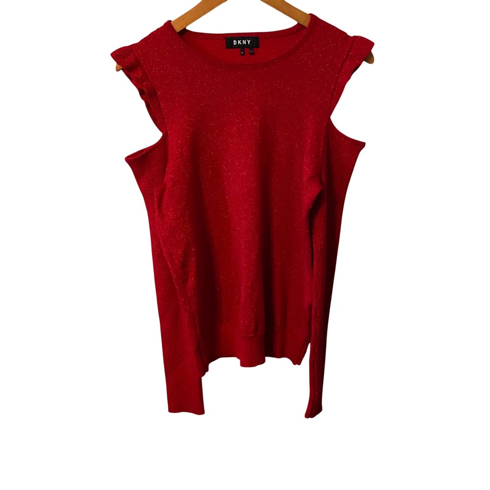 DKNY Red Sparkle Cold Shoulder Ruffle‎ Sweater Top Size M